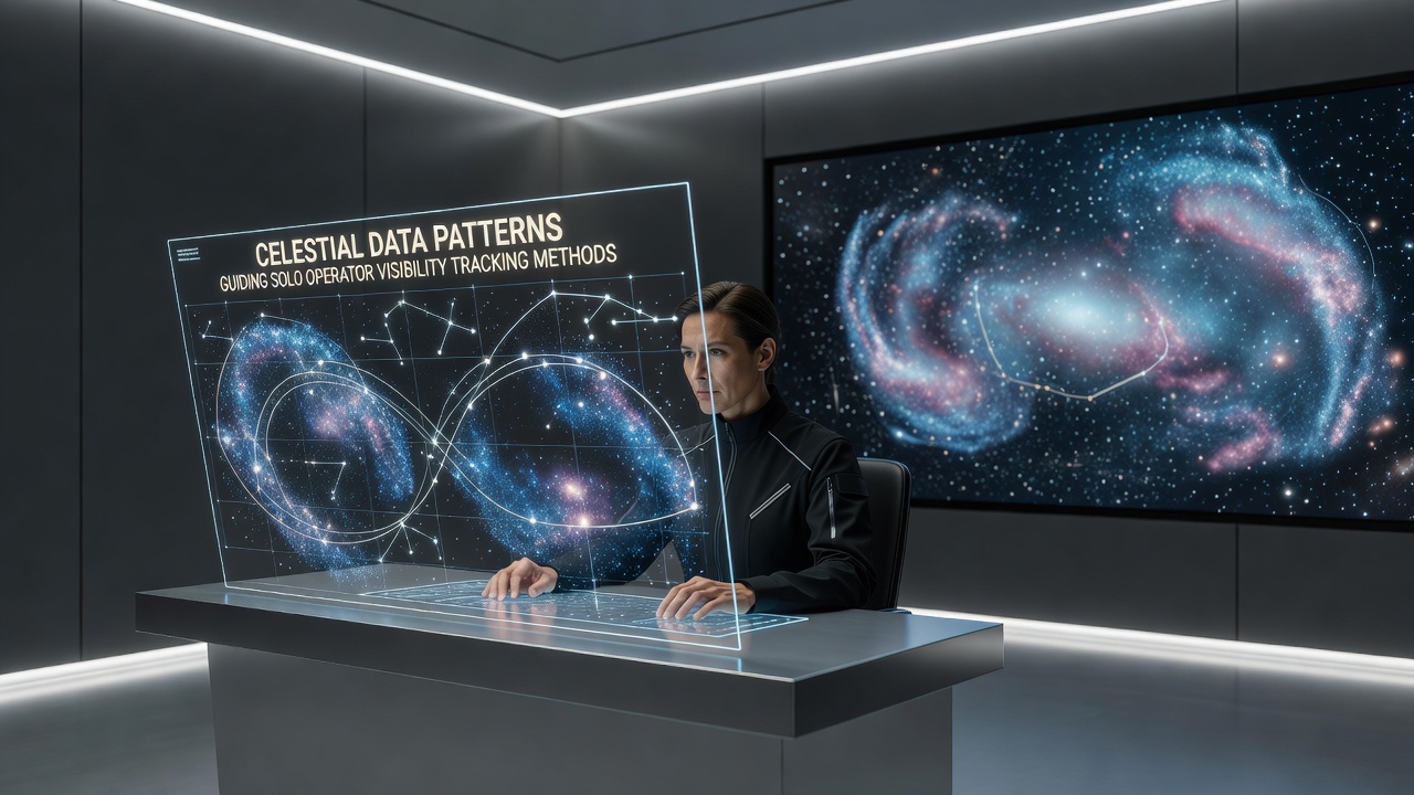 Operator workstation displaying celestial tracking interface with overlaid visibility predictions and orbital paths